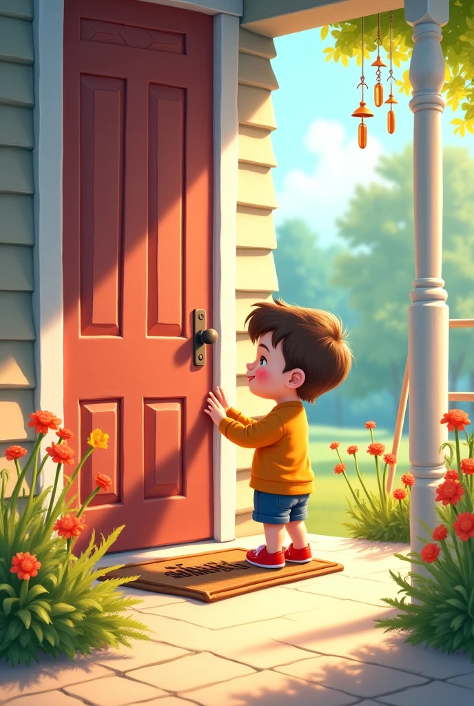 A 5-year-old brown-haired boy leaving his house