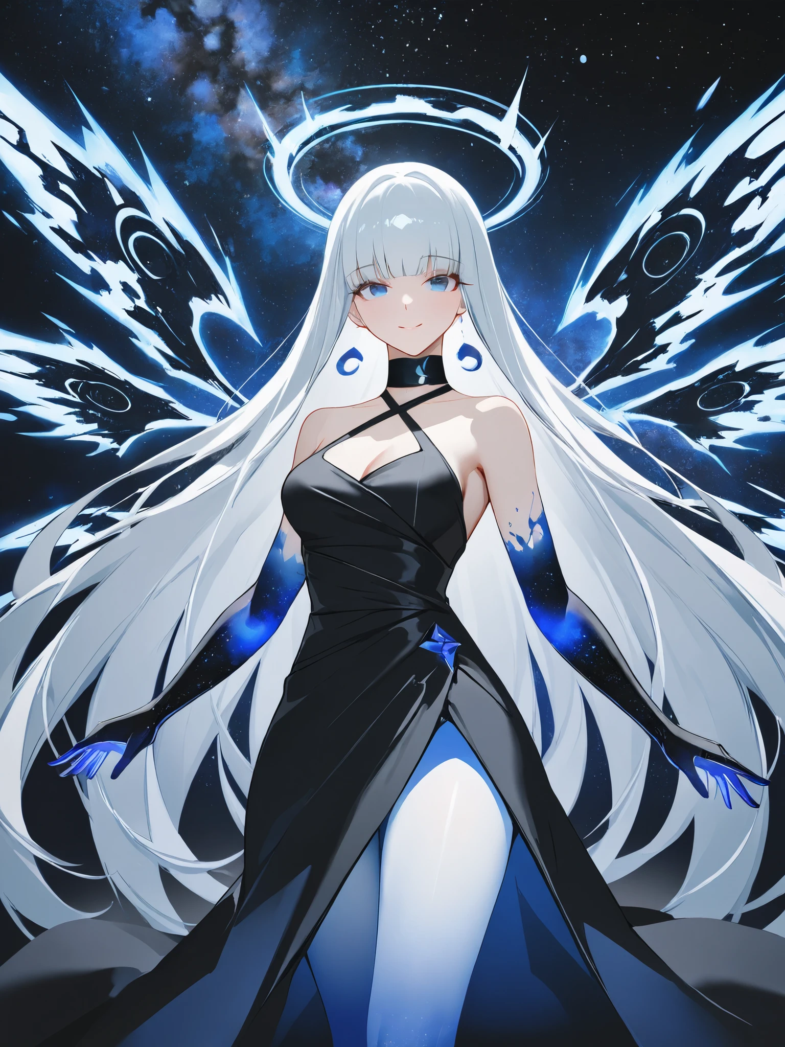 Elegant Woman. silver hair. white thigh-length formal dress. Starry colored tights, recalling the night sky . cosmic gloves . lifeless eyes. Frost-blue eyes. Corrupted Energy Wings. black neck accessory . Upright posture, dominante