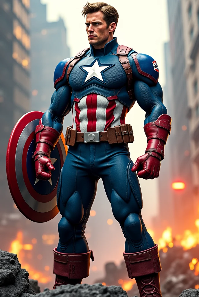 Captain America in one hand  thor , power and , Black panthers mask and second hand spider man power and one leg is like Thanos leg and the another leg look like Loki leg and the shield iis like iron man shield 
