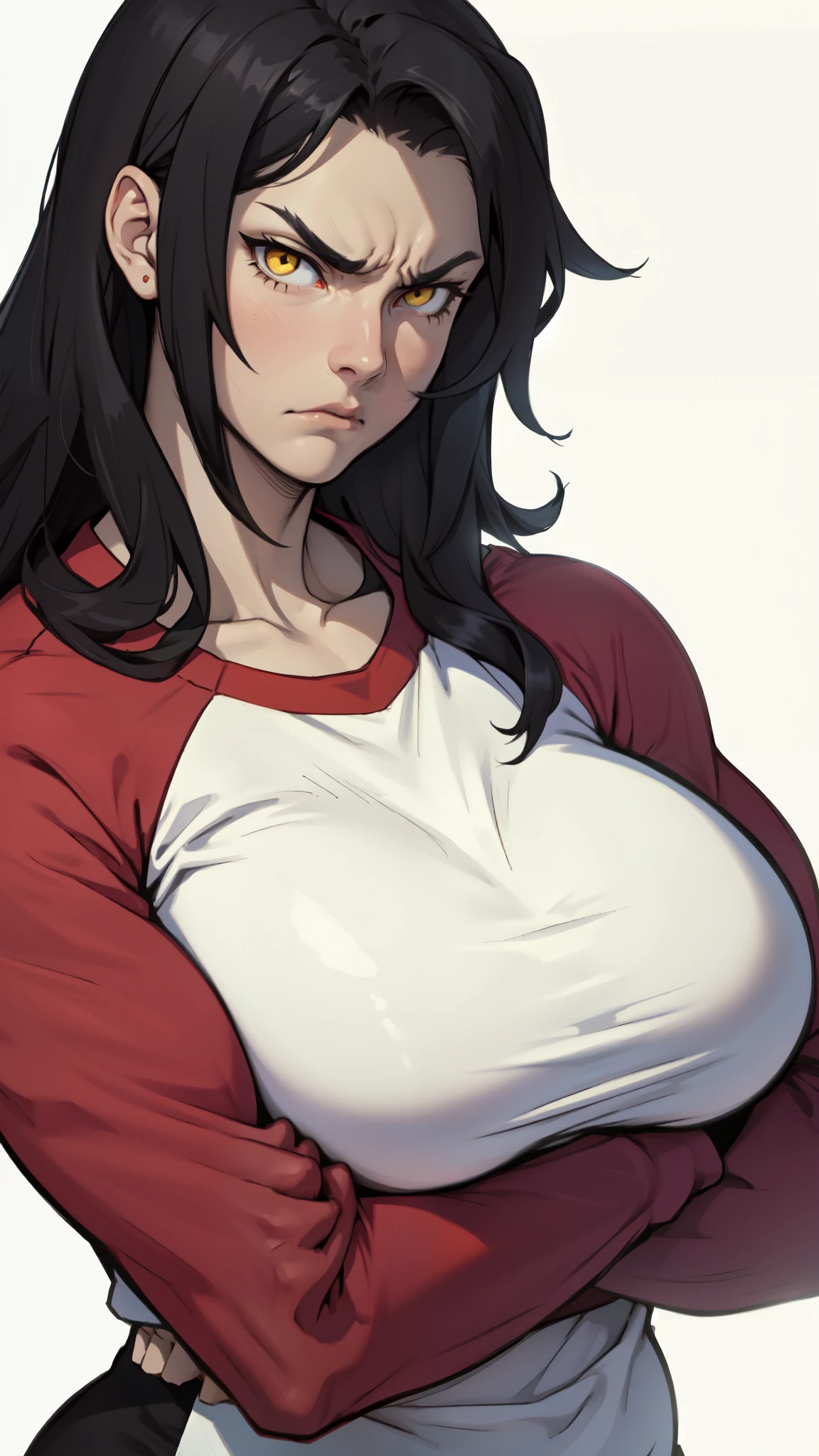 pale girl muscular girl huge breasts black hair yellow eyes expressionless sad