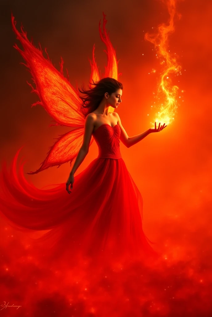 fairy cartoon with long hair with fire powers and red dress and wings RED ROSES, water, HD