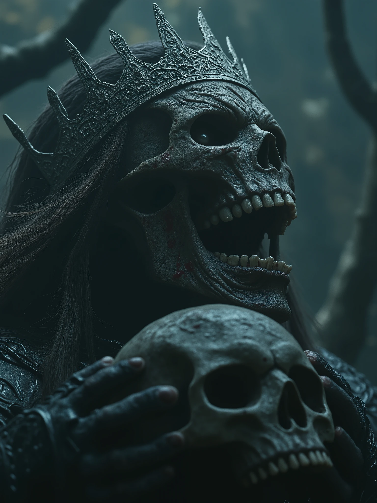 King of a kingdom, judge of his domain a dark skull castle,blade crown with sharp edges and dark black and red goo running on his face,tears and sadness his rotting bone face head leaned back and screaming dark and magnificent posture, crushing a skull with his huge mouth and teeth long hair in the wind and chainmail armour,pain and melancholic ambience, realistic dark photography,dark surreal art