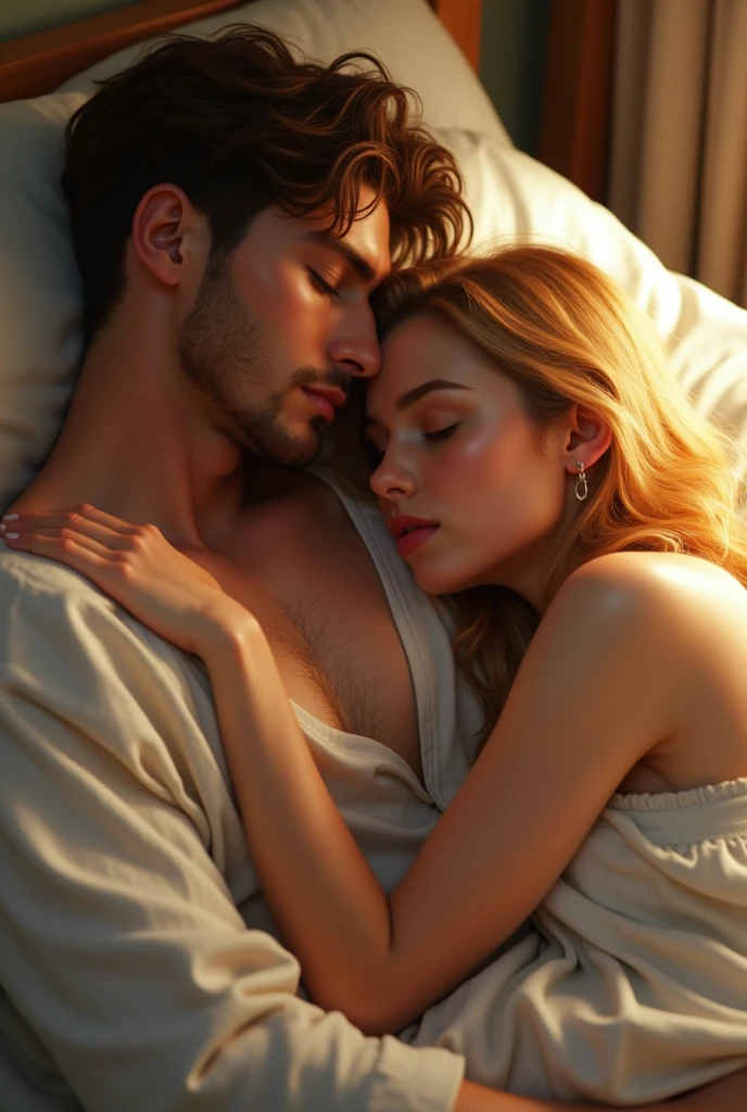 a shirtless man couché dans son lit ,next to him sleeping women here back show and on his chest, couché dans son lit, Posant au lit, volet, selfie d&#39;un homme, joli jeune homme, poitrine poilue et corps poilu, masculin sexy, allongé sur un lit, regard sexy devant la caméra, homme de 30 ans, Allongé dans son lit, mâle attirant, en posant dans le même lit selfie man in his bed with girl next to him like they had sex
