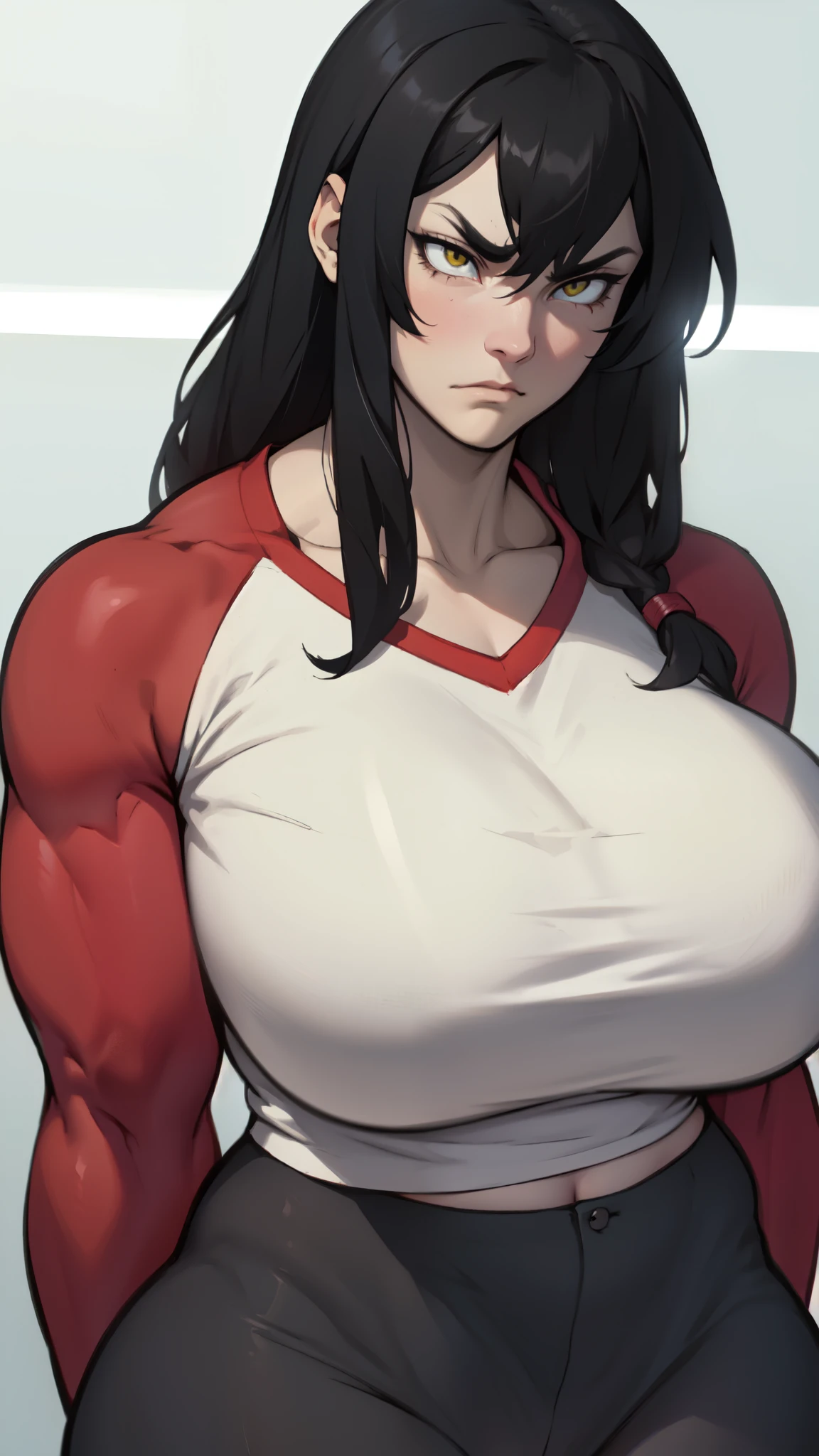 sad girl muscular muscular muscular breasts breasts breasts thick thick thick thick black hair yellow eyes pale skin pale skin thick thick thick long sleeve dark atmosphere thick thick thick thick thick thick muscular simple background sad sad sad girl sad girl tigth shirt