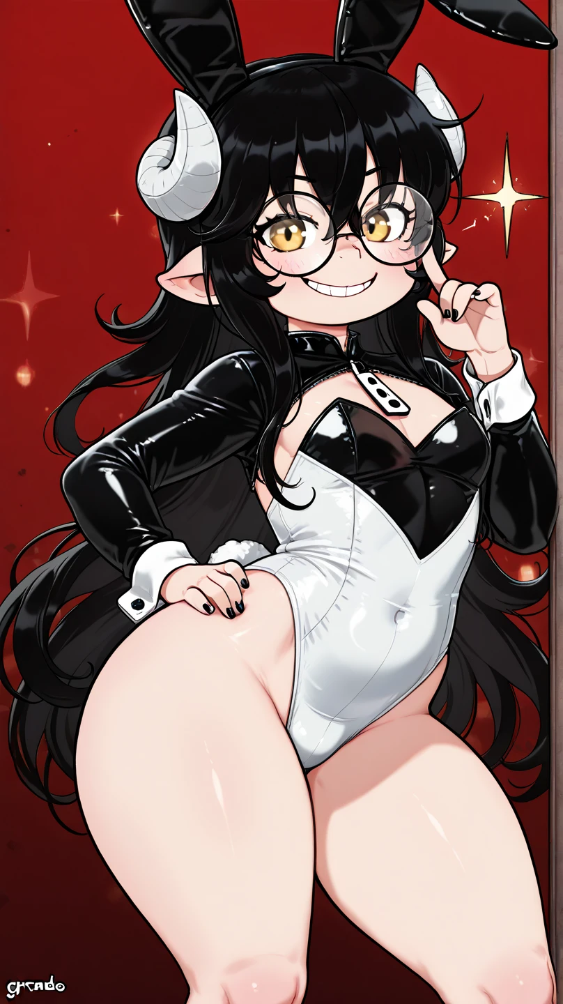 detailed digital art, slim girl, hair is in two pigtails, medium sized breast, mini skirt,slightly visible panty ((Red Black striped)), high kneesocks, laying on her back, legs wide spread, lustful smirk, only underwear, black lipstick, black make up, glasses
