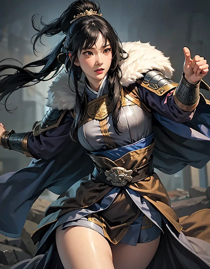 4k, 고화질, Koei Three Kingdoms style, 1 girl, sexy expression on the bottom, huge , wide hips in the country, thick thighs, slim waist, 서서 and look at the front. and look at the front, black hair, long hair, straight bangs , straight bangs, black eyes, Chinese general armor, full body armor, Viking Style Fur Cloak