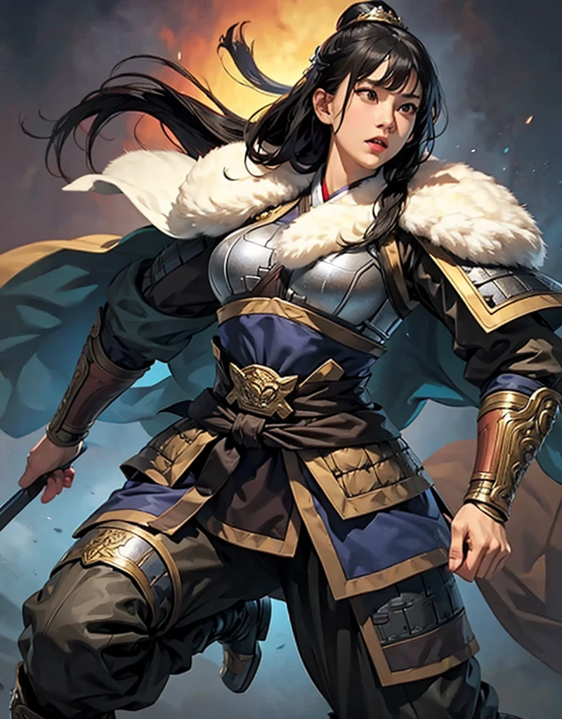 4k, 고화질, Koei Three Kingdoms style, 1 girl, sexy expression on the bottom, huge , wide hips in the country, thick thighs, slim waist, 서서 and look at the front. and look at the front, black hair, long hair, straight bangs , straight bangs, black eyes, Chinese general armor, full body armor, Viking Style Fur Cloak