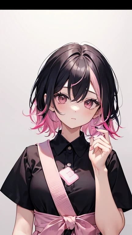 Anime, girl, teenage, hime-cut, short hair, black hair, red eyes, cool, earrings, night, highlights pink under hair, big boob, sexy-cute, full-bodied, school uniform, licking the lollipop, hair clips,