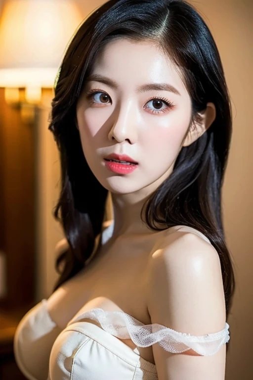 , (Mature body), Solitary,Long gray hair,black hair color, Off-shoulder, black eyes,1 Sister,A sexy pose,best quality,masterpiece,light,Extremely exquisite and beautiful,CG,Unite,8k wallpaper,Astonishing,detailed,masterpiece,Official Art,The content is very detailed Cg Unite 8k wallpaper,Extremely ridiculous,Huge file size,ultra - detailed,high resolution,The content is very detailed,Beautiful and delicate girl,Practical,full,Hotel Room,Light Contrast, Lopez, fully body photo, full, White under underwear