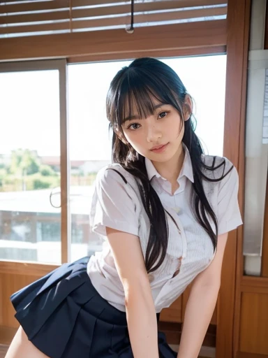 8K quality,(super masterpiece:1.3),Highest quality,Detailed Images,The real picture,Natural lighting,symmetrical beauty,1 female,Japanese,20-year-old,(微smile,smile,smile),Hairstyle(Medium Hair,Curly Hair,ponytail),(very cute:1.3),Thick eyebrows,(Double:1.2),(Realistic eyes:1.1),clothing(White shirt,tie,,uniform,skirt,tights),(The background is school,classroom),(Face directly towards the camera,Looking directly at the viewer,looking at the camera,The body faces the viewer,The body is facing the direction of the camera,Face looking straight into the camera).