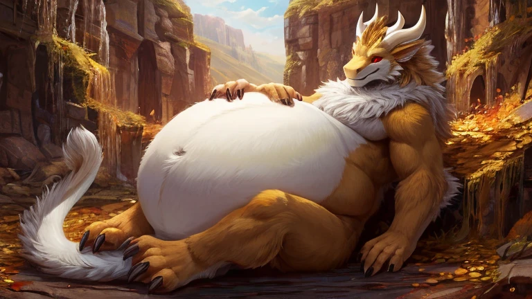 Werewolf,male,balls,knot,big werewolf,white body fur,seductive,nipples,fluffy,belly,nipple piercing,gold ring,gold accesories,jungle background,foot pawpads