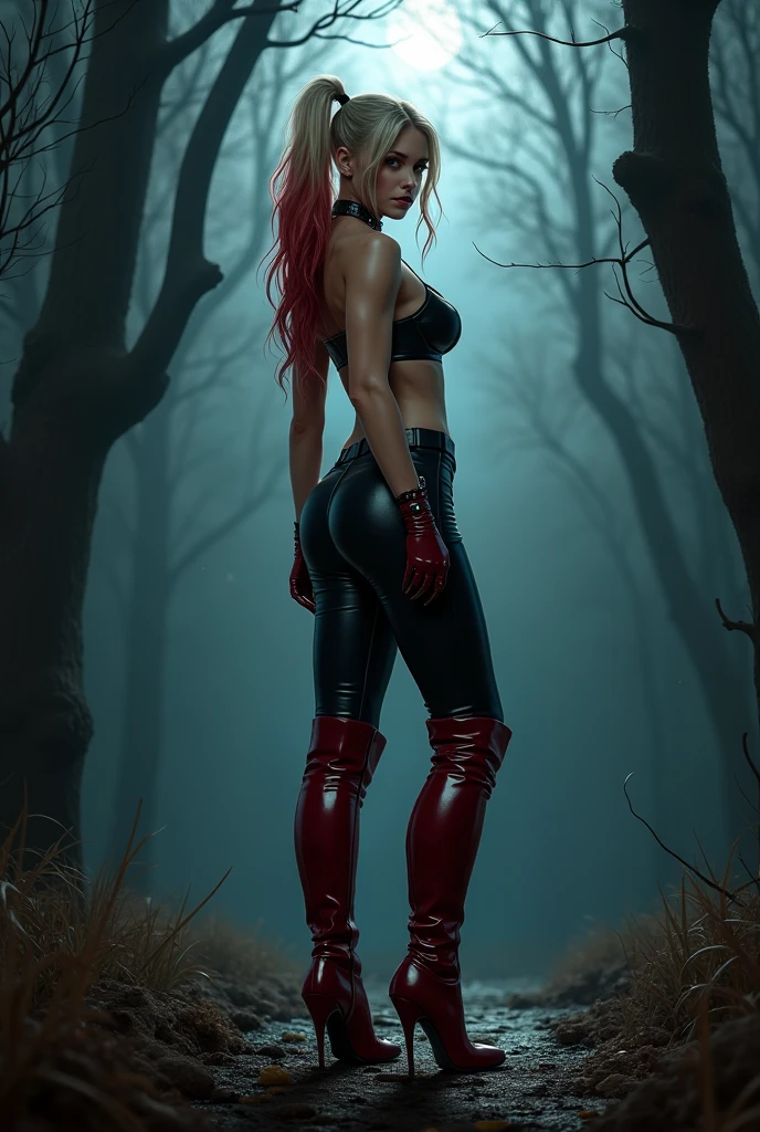 Kiernan shipka nua, cabelos loiros, rosto perfeito, olhos azuis, Red lips wearing black latex gloves and black thigh boots, seios nus, seios perfeitos, mamilos rosados, Pele de Porcelana, standing in a forest, mulher em uma floresta escura, inspirado em Hedi Xandt, menina que caminha na floresta escura, Rainha da Floresta, na floresta escura, mulher linda, Fogo, NSFW, fantasy photoshoot, na floresta, in a forest at night, Fantasia sombria cyberpunk sedutora, sedutora e aterrorizante