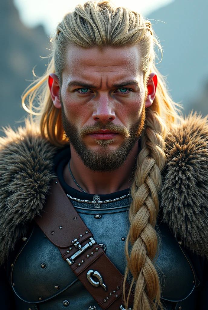 photograph of a viking warrior with dirt in his face, broad shoulders, armor, heroic, beard, pronounced cheekbones, cloudy, masterpiece, best quality, high quality, 4K, trending, hard ring light, 50mm