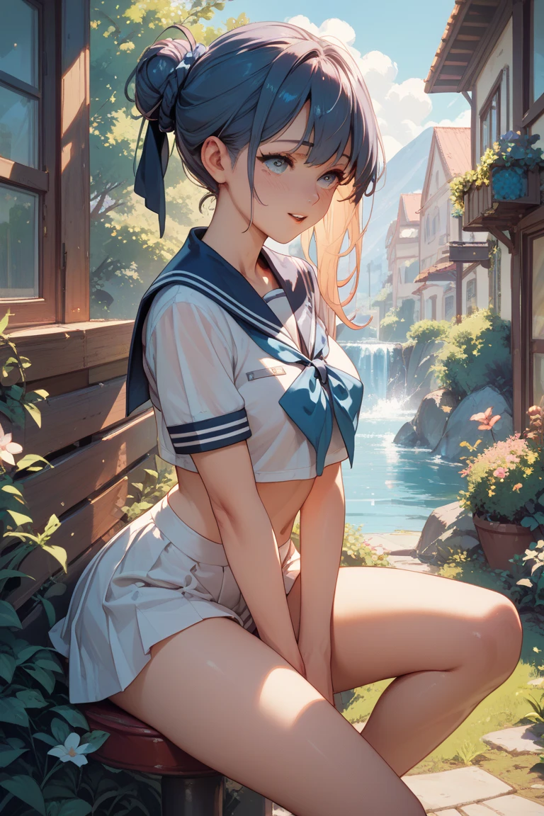 a cute loli，Barefoot，Tummy down，Look up at your head，Thigh opening，shift dresses，white  panties，largeeyes，Cute faces in anime，エロ，a park，tits out，ssex，The fountain，embarrassed from