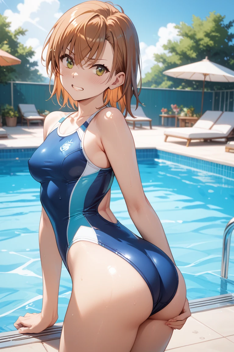 master part, best quality, (colorido), (olhos e rosto delicados), volumetric light, ray tracing, extremamente detalhado CG unidade 8k papel de parede, power \(Csm\), pequeno, medium breasts, symbol-shaped pupils, pupilas em forma de cruz, (one-piece swimsuit:1.1), sorriso, boca fechada, (Olhando para o Viewer:1.1), cowboy shot, de baixo, Visible_vulva, pulled Cuecão, puxado para o lado, bichana a mostra, virilha inchada, piscina, water,