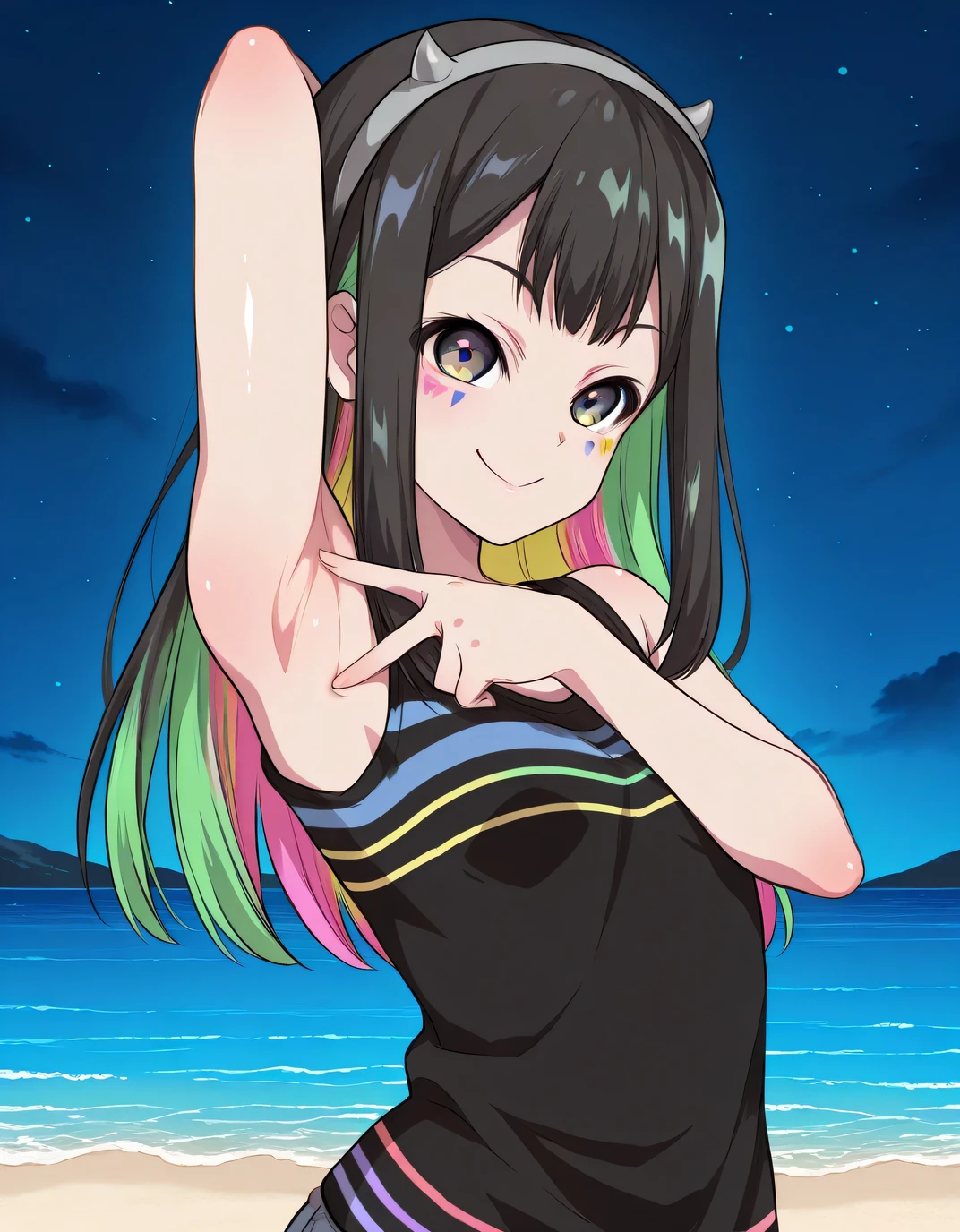 Nanairo Multi,multicolored hair,black shirt, striped shirt, hairband, sleeveless, facial mark, shiny skin, high quality, solo, upper body, (contrapposto), v, spread armpit, presenting armpit, hand behind head, closed mouth, night sky, beach, looking at viewer, smile, best quality