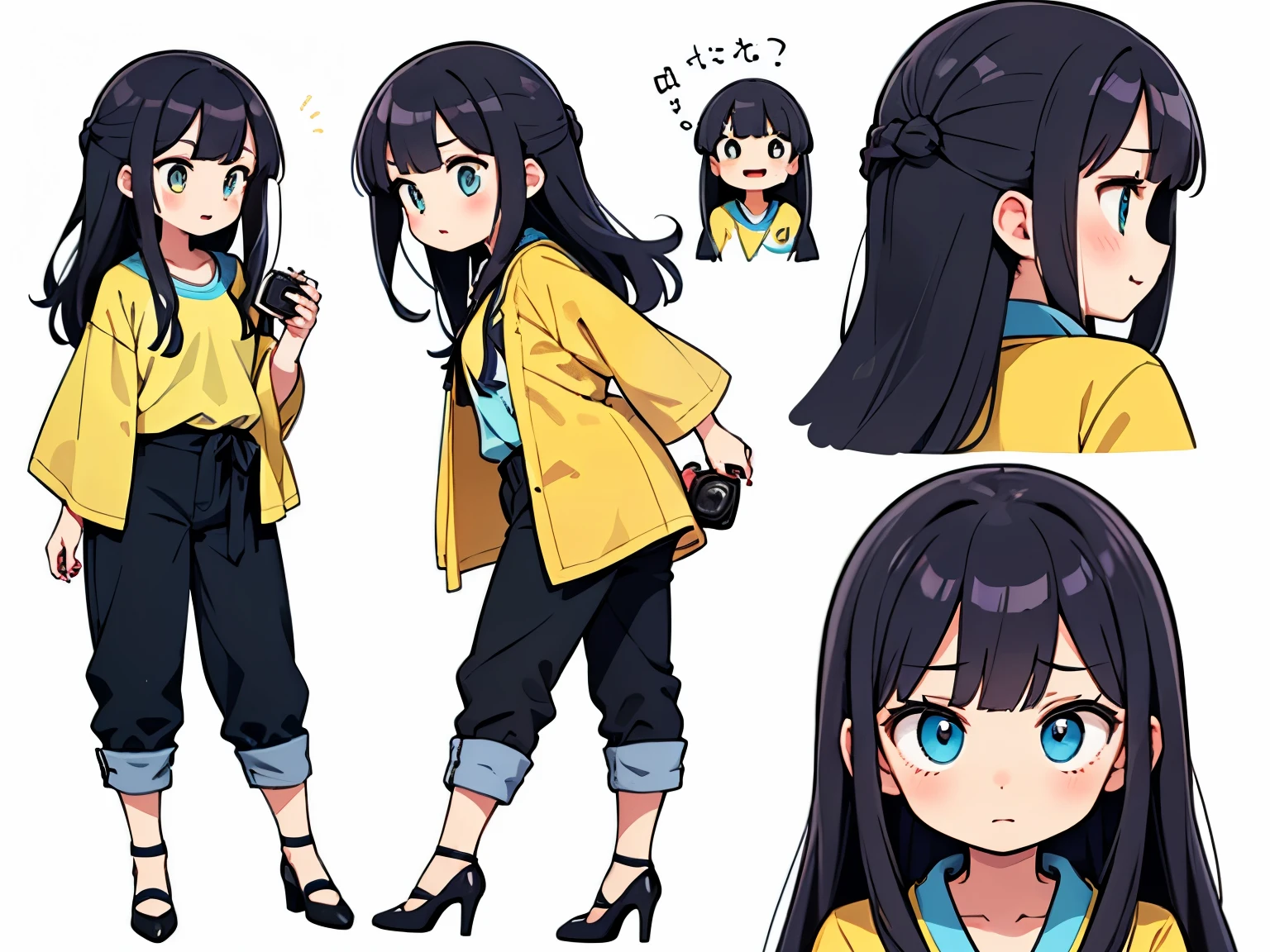 Please draw a girl with a camera hanging from her neck. She is holding a single-lens reflex camera. Please draw her in the style of a character design drawing. She is wearing Western clothes. ((Full body from the front, full body from the back, expressions of joy, anger, sadness, happiness)), all white background, girl, Japanese, around 20 years old, (((Light blue and yellow clothes, Y-shirt, pants style, pumps)), black hair, straight hair, medium long hair, no hair styling, hair not tied up, black eyes, cool eyes, proper drawing, no extra limbs, formal drawing