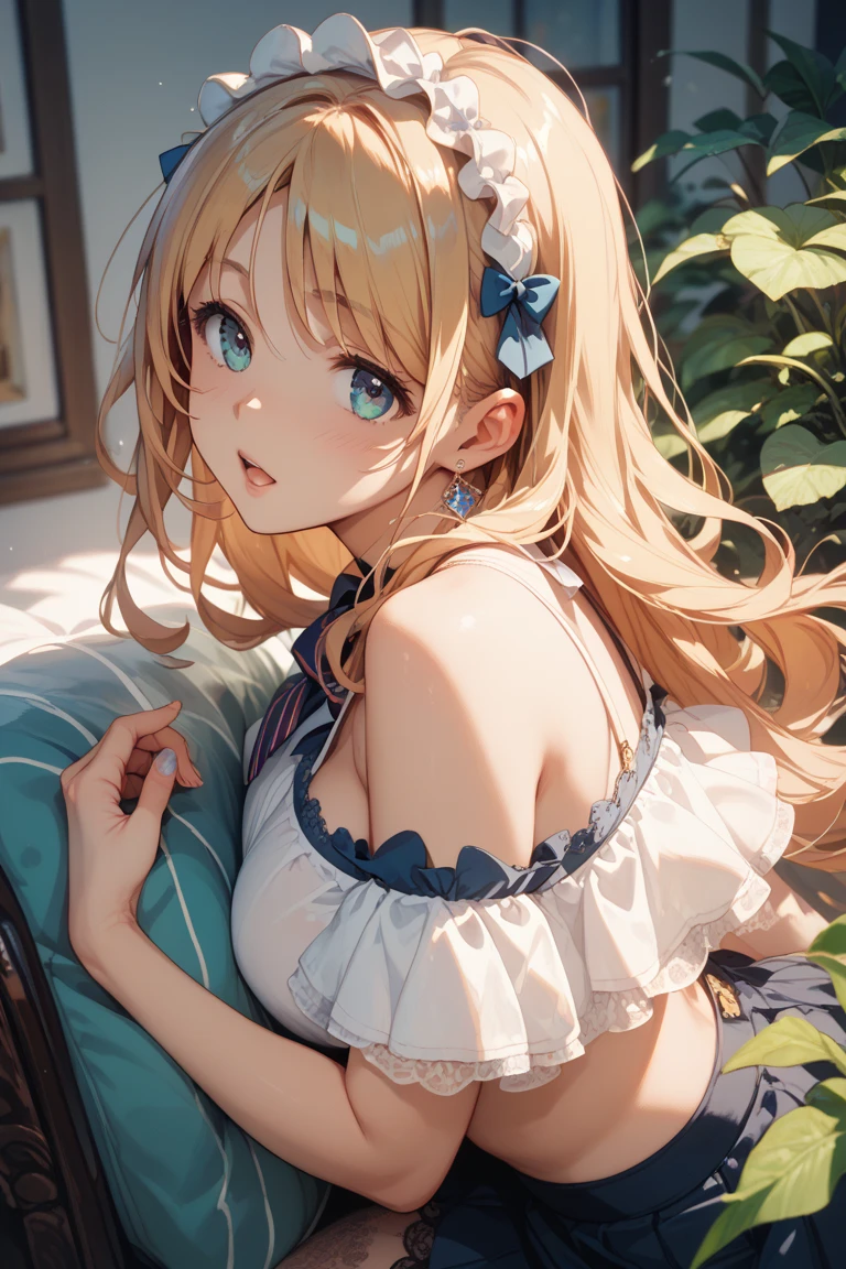(masterpiece:1.2), (highest quality:1.2),, Curvy but slender body, perfect eyes, perfect face, perfect lighting, 1 girl, in the garden, (blouse),(Lady),(noble),(whole bodyのショット),(ponytail),(I can see my ankles),curly hair, fine clothes, detailed outdoor background, compensate, eye shadow, thick eyelashes, fantasy, looking at the viewer, whole body、blue sky、Bright and very beautiful face、young shiny glossy white shiny skin、the best beauty、the most beautiful bright blonde hair in the world、thin hair、long hair、Shining beautiful bangs、big shining blue eyes、Very beautiful and lovely 1, the most beautiful girl in the world、small breasts