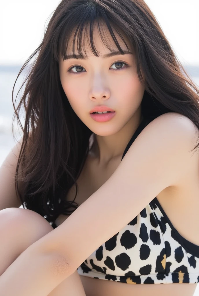(((masterpiece, highest quality, Super detailed))), 1 female, (((very thin body))) , (((length, thin legs))), (((Black hair straight short, thick and fluffy bangs ))), (((highly detailed face))), cosmetics free, small, thin nose, small thin mouth, (((Very sharp focused eyes))), Japanese, beautiful face, (lifelike face), beautiful hairstyle, realistic eyes, fine and beautiful eyes, beautiful body,(real looking skin), beautiful skin, charm, ultra high resolution, surreal, high detail, golden ratio, elevation angle,(detail makeup:1.2),Polka dot off-shoulder bikini,(shot from below),spread your legs,model pose,beach at night