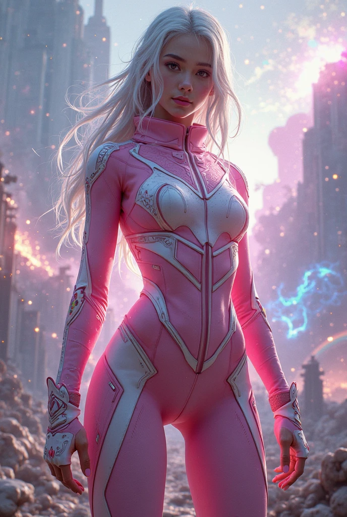 (Nsfw), 4k, realistic, charismatic, very detail, there is a girl on sky, wearing silver power ranger outfit, she is power ranger, super hero theme, chromatic hair, 25 years old, full body