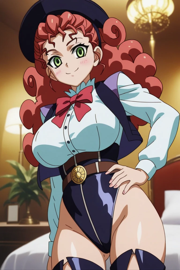 (1 girl), (solo), ((amanogawaki)), best quality, highres, high quality, 8k, HD, super detail, anatomically correct, UHD, accurate, (masterpiece:1.0), (high quality:1.0), (ultra detailed), (Motel room), Looking Front, Looking At viewer, smug grin, detailed eyes, (Black Fishnet bodysuit), (fishnet), (Thick Hips), (Thick Thighs), Purple eyes
