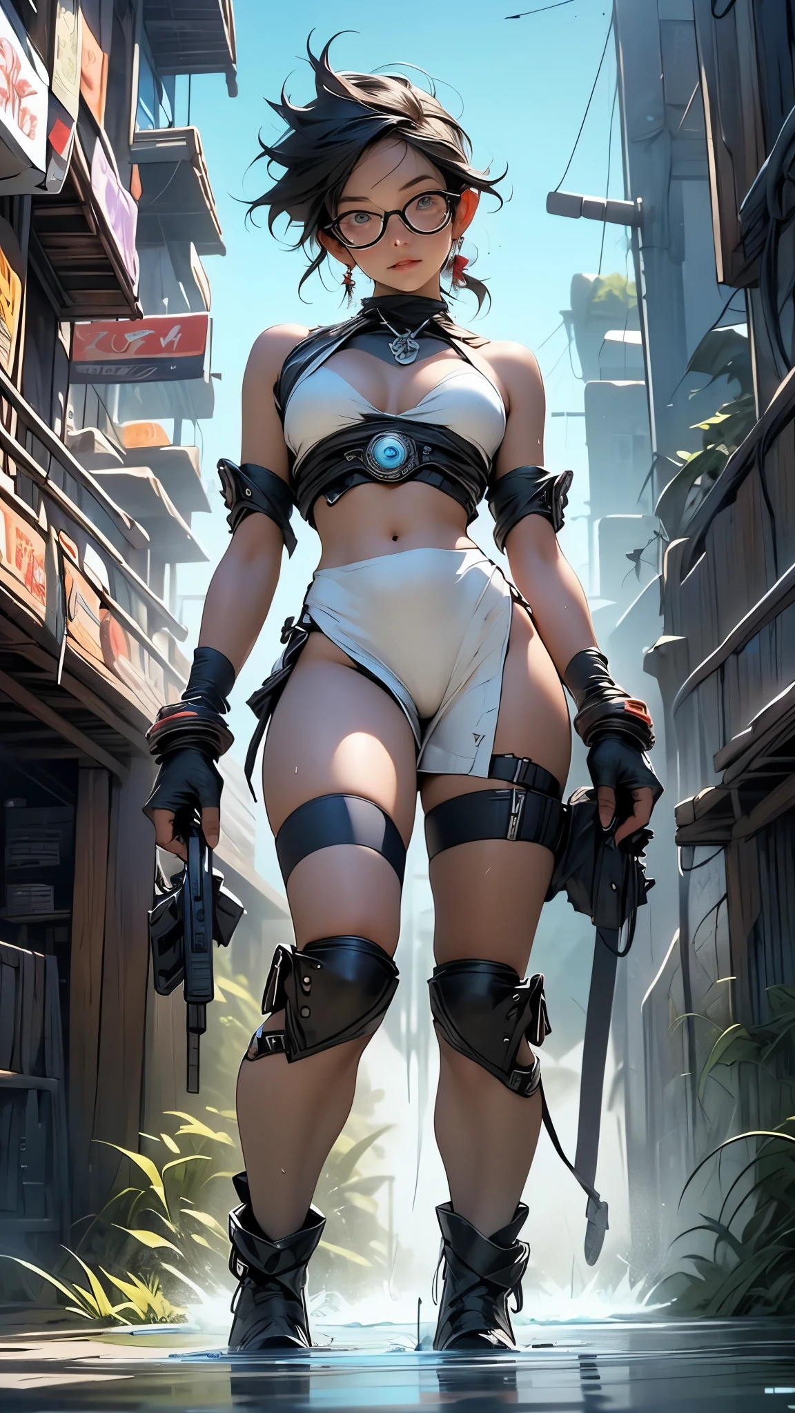 Woman body defined thick thighs cybernetic body parts, short underwear