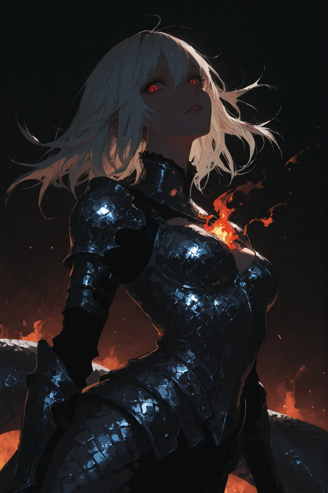 score_9, score_8_up, score_7_up,solo, beautiful fighting lamia who handles flame ,the witch\(long white hair,sharp eyes,red eyes,silver metallic snake scale armor, Clothing under the armor is black \),simple background,[[dark horror essence]],flame,dynamic angle,upper body,cinematic lighting,(hard brush work,intricate art work,detailed illustration,hand written sketch),HDR,8k