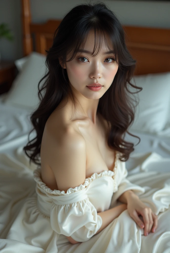  beautiful woman, sitting on bed, wearing maid uniform