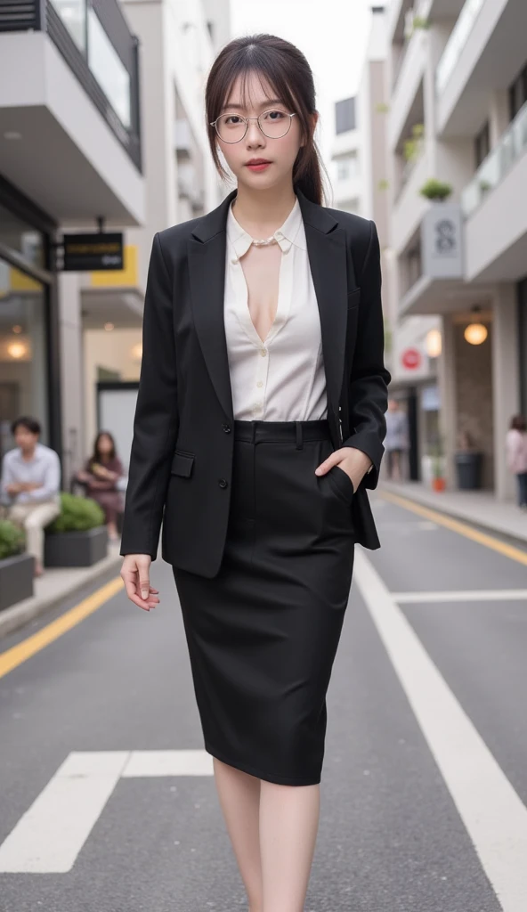Woman in a suit standing on the sidewalk,((23-year-old woman))、small Breasts、Dark brown hair color、Hairstyle with bangs、Various hairstyles、Hairstyles of different lengths、(8k, RAW Photos, highest quality, Tabletop: 1.2),、(Realistic, Realistic: 1.3), Cityscape, Day, Sunny Morning, Professional Lighting, Photon Mapping, shirt, (Woman in a suit,) Silk Suit、Pencil Skirt、Tight Skirt、((Delicate photo))，(Detailed RAW Photos of Girls), (Tabletop:1.25), (highest quality:1.6), (超A high resolution:1.5), (Realistic:1.75), 8k resolution, Caphin EOS R5, 50mm, absurdes, Ultra-detailed,Cinema Lighting, (Skirt Lift:1.5)、nsfw、the wind is strong、smile、Skirt flipped up, ((phi_panties)), beautiful pussy,