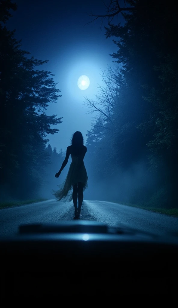 "Create a haunting night scene on a deserted forest road, viewed from inside a car. A ghostly figure stands in the middle of the road, facing away from the viewer. The figure is barefoot, wearing a tattered white dress, with unnaturally long black hair flowing down to the ground. The full moon looms large and bright in the sky, casting an eerie blue glow over the scene. Thick trees line both sides of the road, shrouded in darkness and mist. The atmosphere is tense and chilling, with a strong sense of supernatural dread."