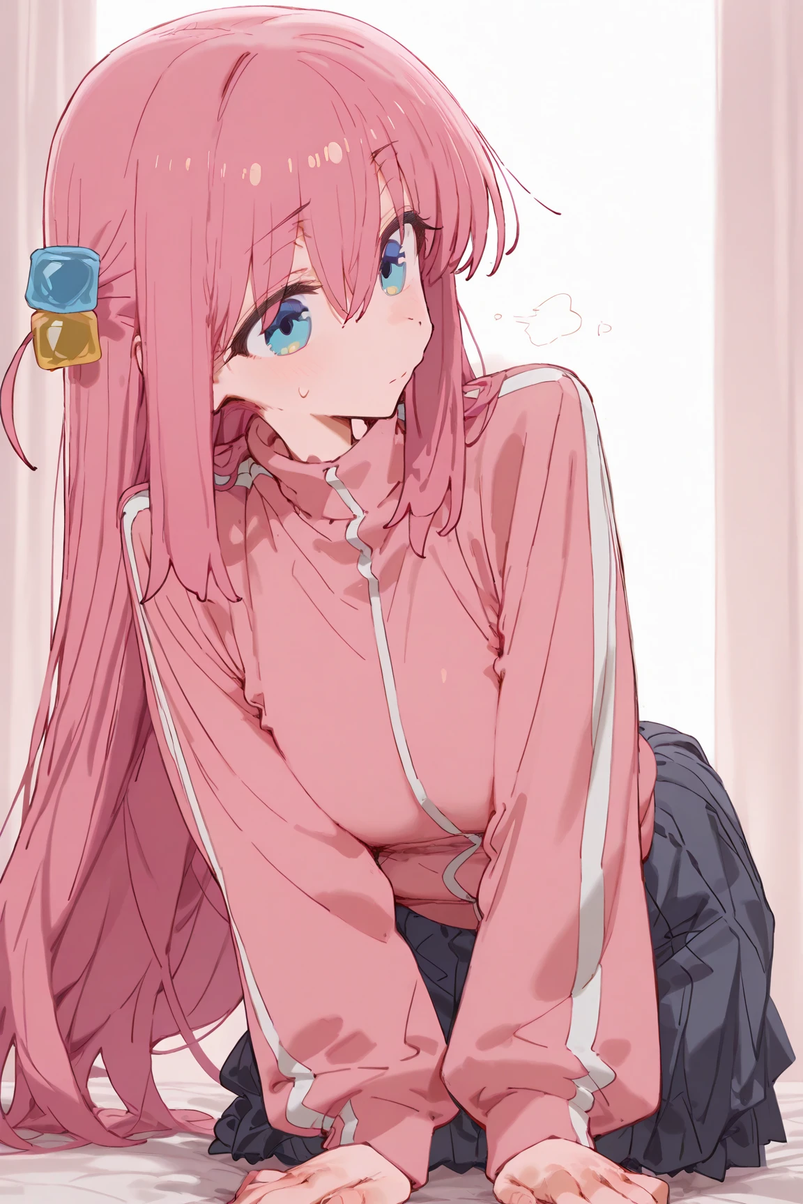hitorigotou, hitori gotou, blue eyes, cube hair ornament, hair between eyes, hair ornament, pink hair, one side up, long hair,
BREAK black skirt, jacket, long sleeves, (pink jacket:1.5), pleated skirt, skirt, track jacket, track suit,
BREAK looking at viewer,
BREAK indoors, classroom,
BREAK (masterpiece:1.2), best quality, high resolution, unity 8k wallpaper, (illustration:0.8), (beautiful detailed eyes:1.6), extremely detailed face, perfect lighting, extremely detailed CG, (perfect hands, perfect anatomy),(white panties:1.5), (skrit lift:1.5), standing, small breasts, (short, tiny, little:1.5), blush, embarrassed,from below, cowboy shot, dutch angle