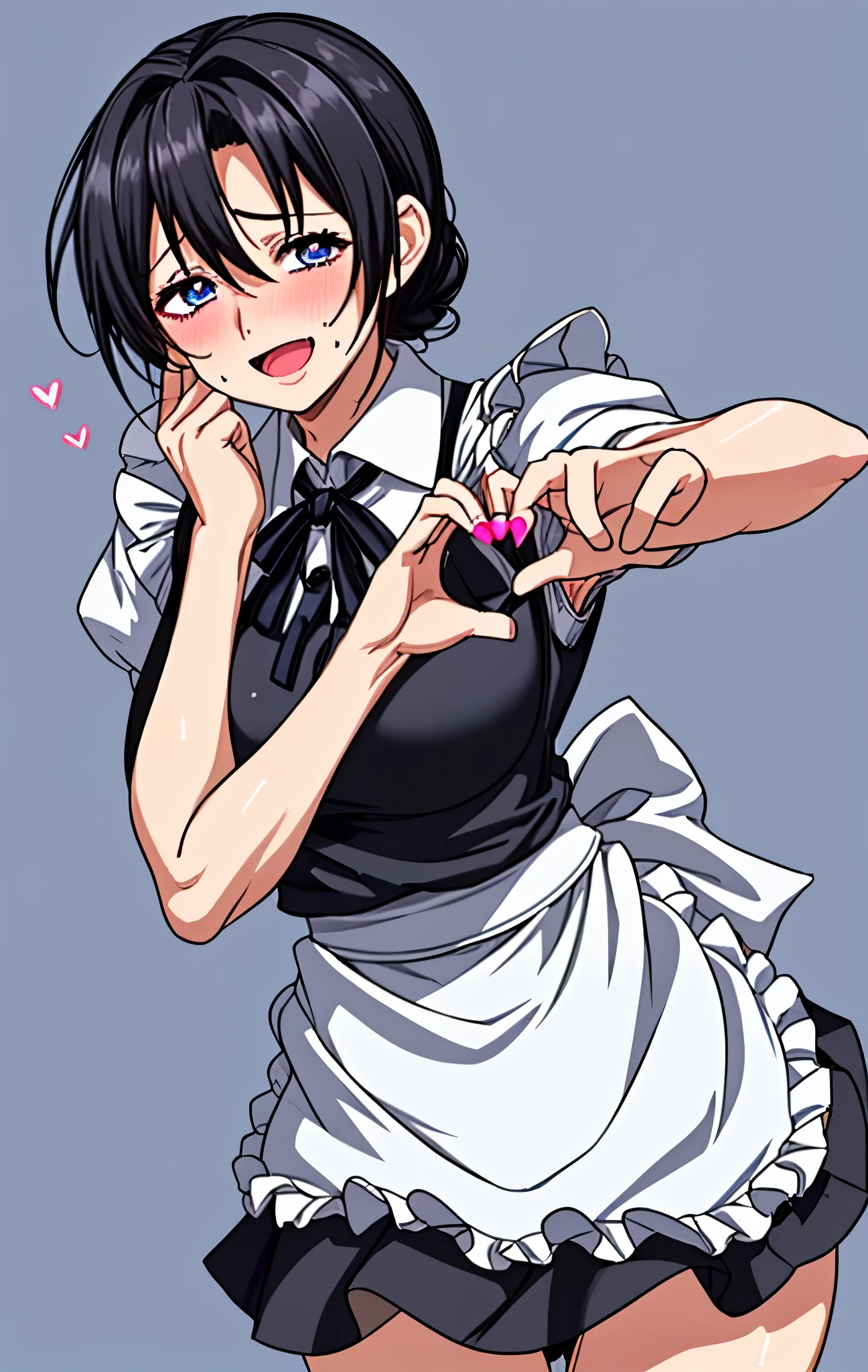 40age、mature woman、black hair、Hair tied up、Blue Eyes、My face is sweaty 、in an embarrassing pose、 Very Embarrassing Smile 、open your mouth、maid wearing a heart sign、very short skirt、Flip Your Skirt、panties、Pull out the panties 、Image viewed from the bottom of the front、simple background、There are a lot of hearts flying around the body、