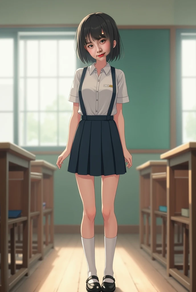 ultra-detailed,masterpiece,best quality,jcf, 1girl,,black ponytail,large bow,blush,leaning forward,classroom,blackboard,desk,window,shirt,skirt, Black Pantyhose、Full body portrait