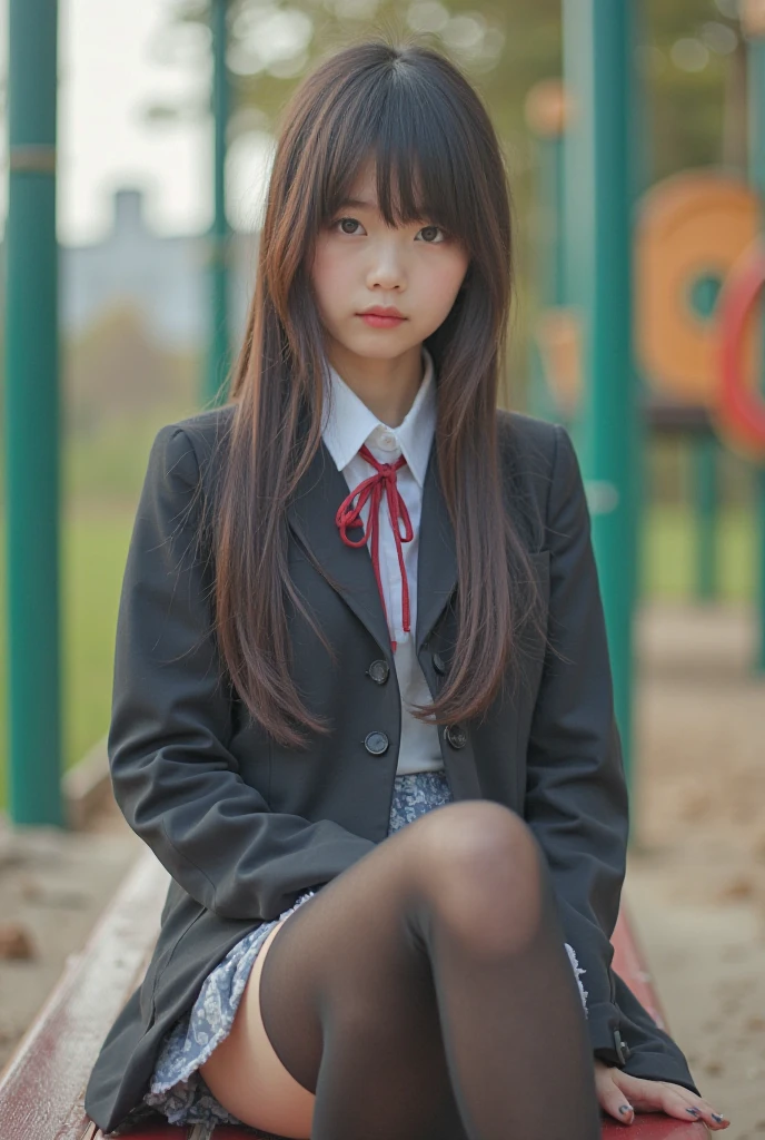 wariza，Sit up，Hands between legs，年轻，(Plaid white pleated skirt)，flat breast，Black ribbon at chest.....，Black blouse，parka，Pupils，teens girl，A dark-haired，delicate and petite body