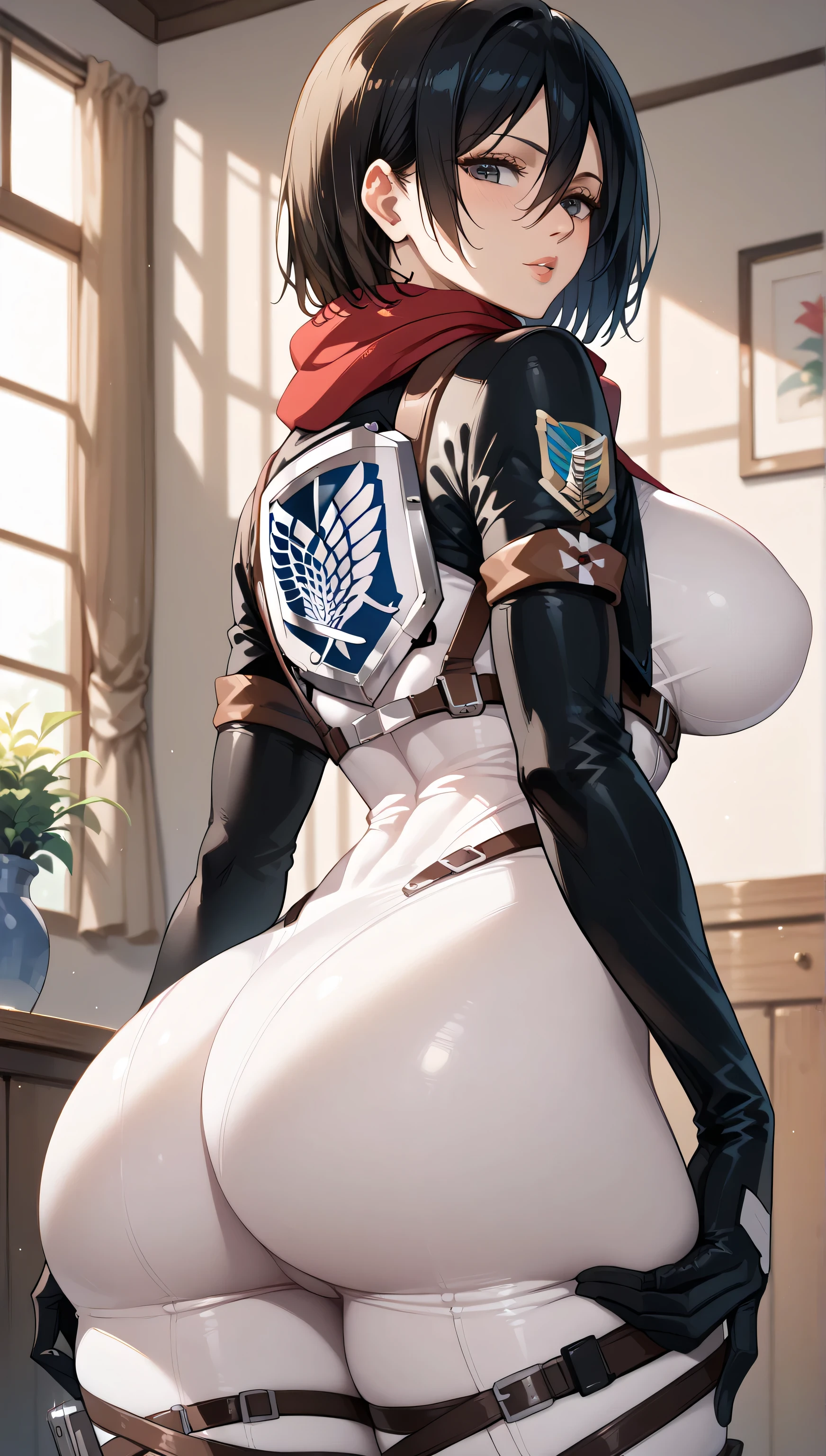Mikasa , big ass , big breasts , bodysuit , leaning towards viewer , huge cleavage