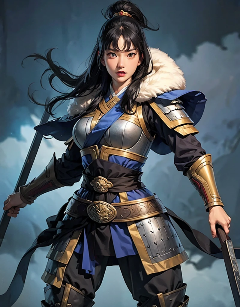 4k, 고화질, Koei Three Kingdoms style, 1 girl, sexy expression on the bottom, huge , wide hips in the country, thick thighs, slim waist, 서서 and look at the front. and look at the front, black hair, long hair, straight bangs , straight bangs, black eyes, Chinese general armor, full body armor, Viking Style Fur Cloak