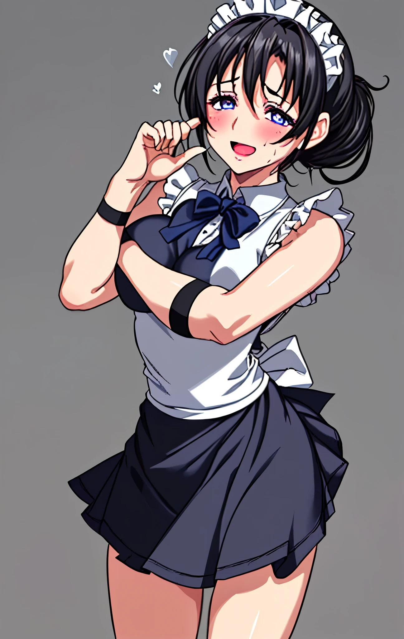 work of art, best qualityer, high resolution, 1girl horns short hair demon tail, white shirt black ascot black gloves black pants black vest lying on your back, sheet, arms up,blushed,face red,Hands behind the head,ssmile,Bblack hair,short thigh shorts,ssmile