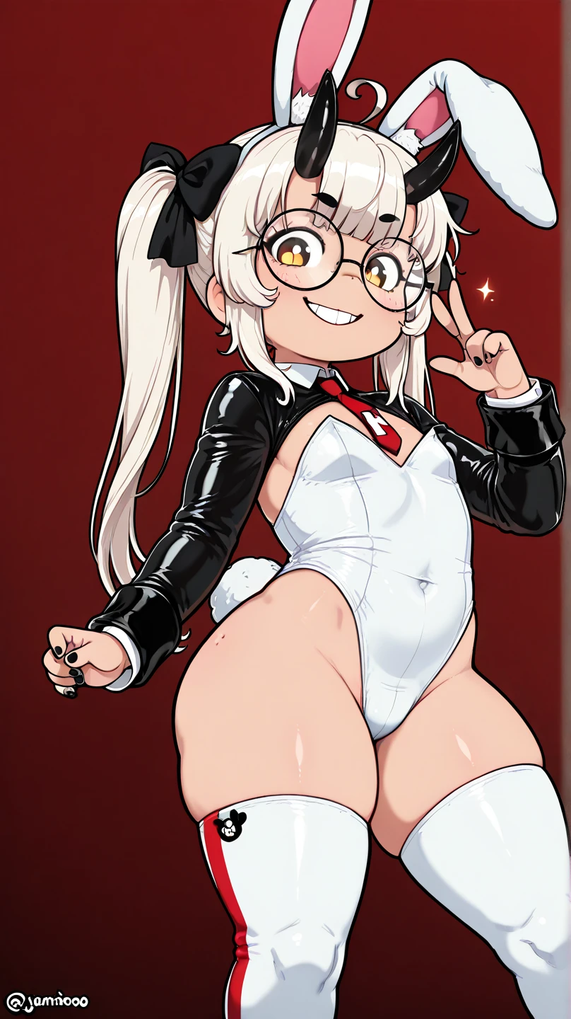 rabbit furry girl,white rabbit ears,white rabbit tail,white long hair,naked,exhibitionism,cloth shop,full face blush,looking viewer,exciting face,drool,smile,very hot,glasses,red ribbon hair ornaments,sitting on table,spread pussy,plenty pussy juice,pussy steam,low angle