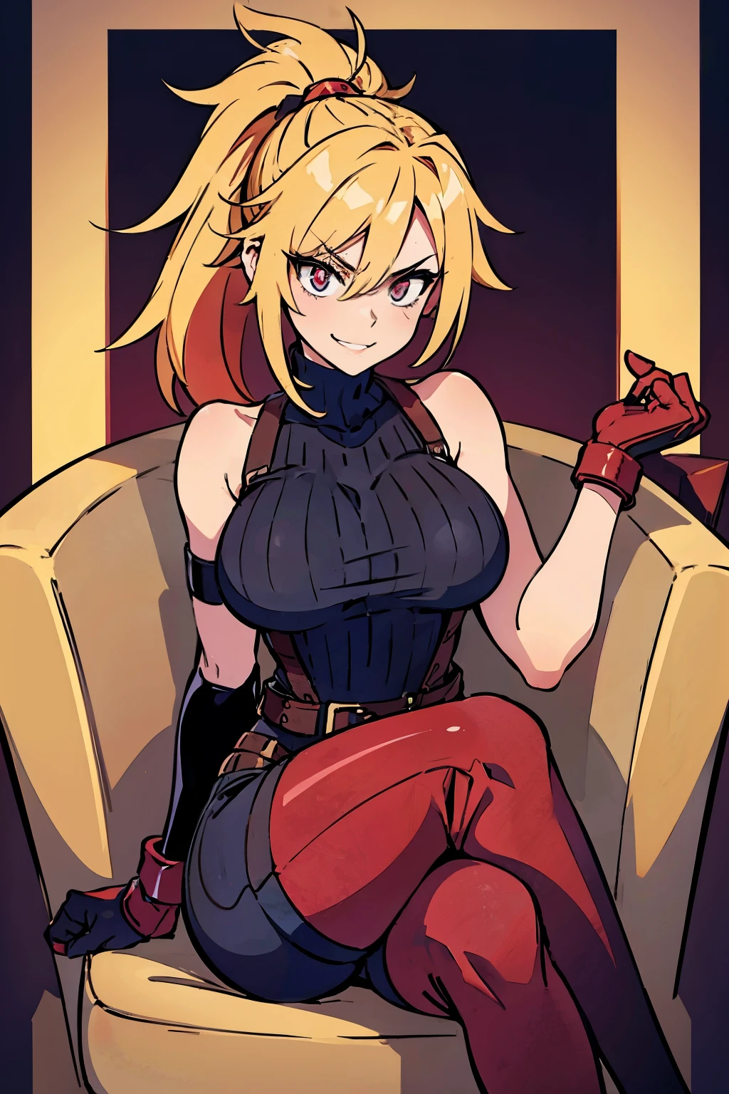 she is back, insane smile,(masterpiece, best quality:1.2)blonde, , red glowing eyes, red eyes, the eyes are red, perfect face, strong make up, sherp eyes, highres, 1 girl, ultra long ponytail, (female:1.5),red longskirt, strife, blonde and red hair streaked with lots of red highlights, two colors hair (blond and red), hight flame mistress outfit, shoulder armor, sleeveless turtleneck, suspenders, belt, gloves, bracer pre potent smile, crossing legs, crossing arms , evil smile, evil pose, sitting, portrait, looking at viewer,  Her hair is streaked with lots red and blonde highlights, moon tribal tattoo.