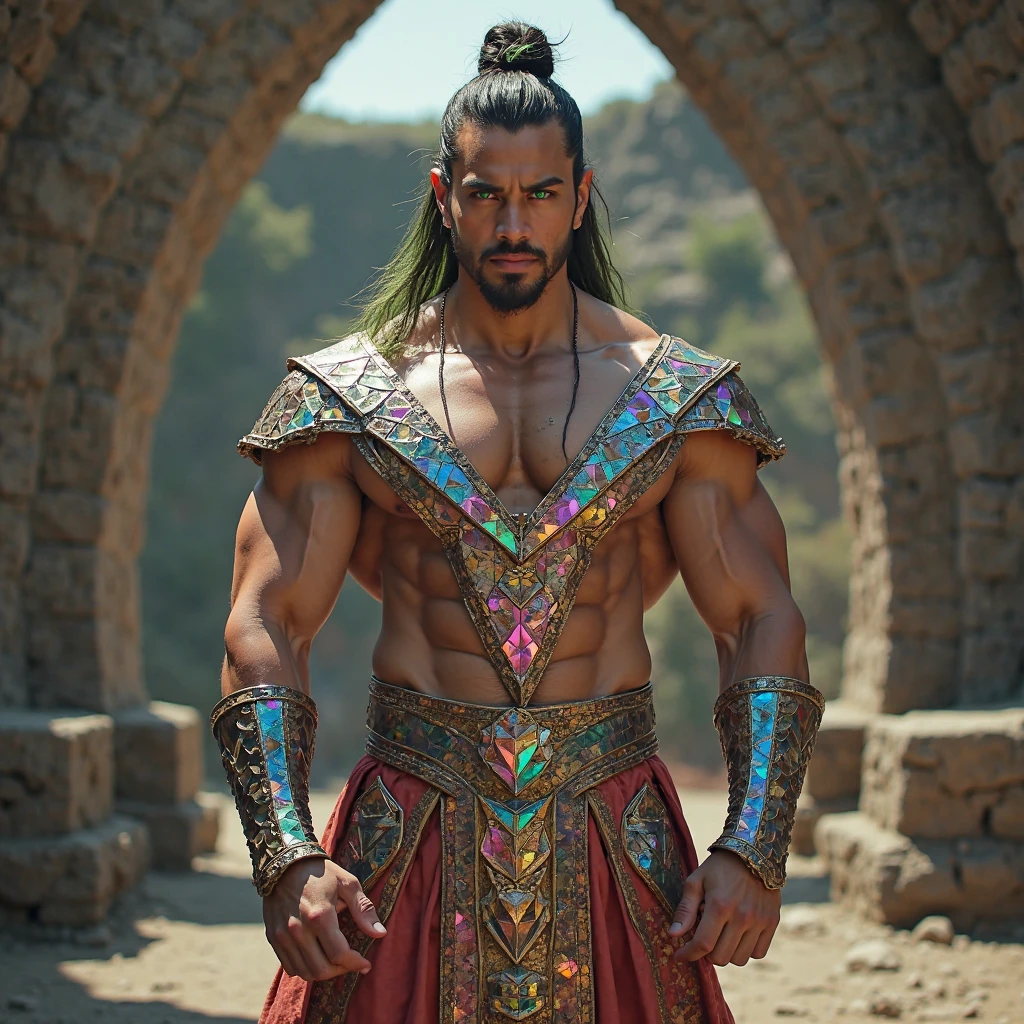 handsome disney prince dark black hair is smiling, blue eyes, striking eyebrows and cement face, white olive skin, sun tanned skin. greek warrior demigod bobadilla muscular with face of shakira, handsome roman warrio --auto