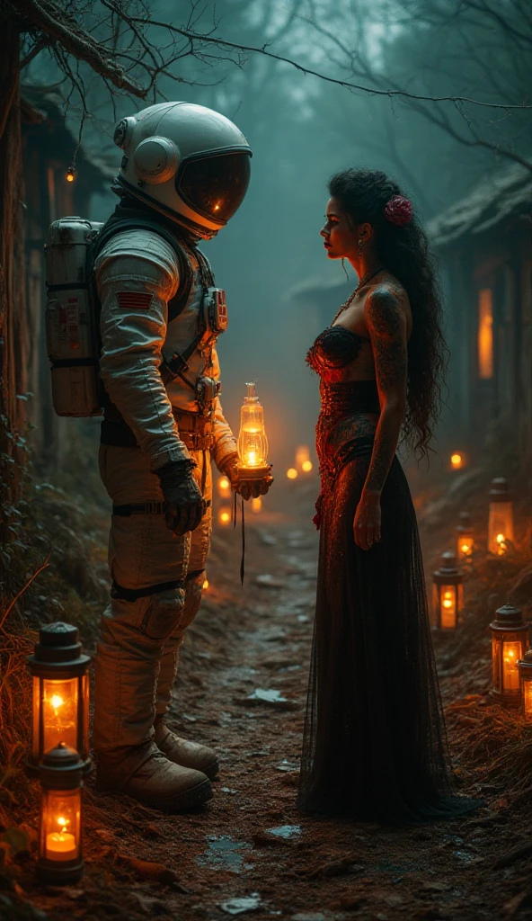 woman in red dress and with tall black hair is holding plushie F.E.A.R. operative wearing tactical black balaclava and red googles. Her eyes glow red and she is looking at red chaotic sky