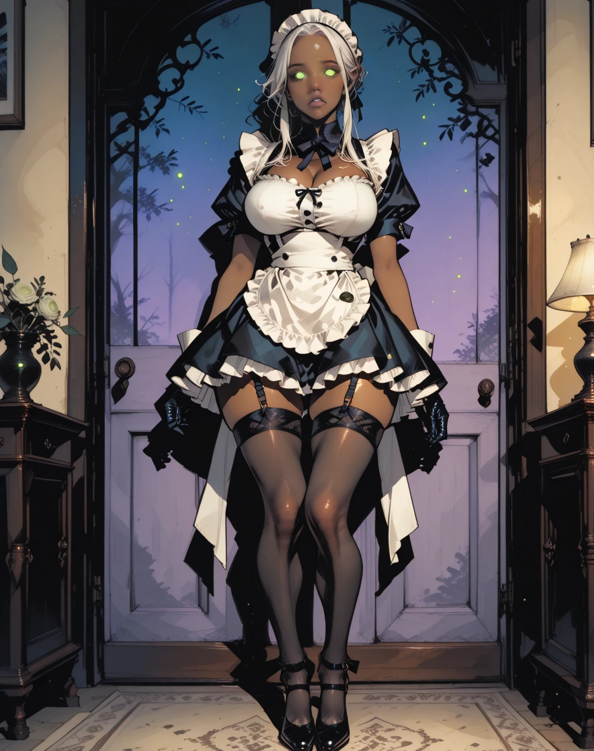 glowing eyes, lustrous dark skin, white hair, black ribbon in hair, high-waist white dress, tulle skirt, library background