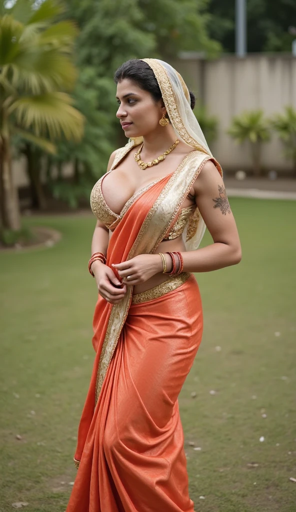 masterpiece, absurdres, temari\(naruto\), 1girl, solo,mature female, wearing indian saree, saree has blouse sleeveless, saree, golden dupatta and golden pallu, looking at viewelling petals), perfect composition, detailed lips, big breast, beautiful face, body proportion, blush, (pink lips), blonde hair, double short pony, blue-eyed, soft gaze, super realistic, detailed, photoshoot, realistic face and body, full body picture, standing in the middle of a flower garden