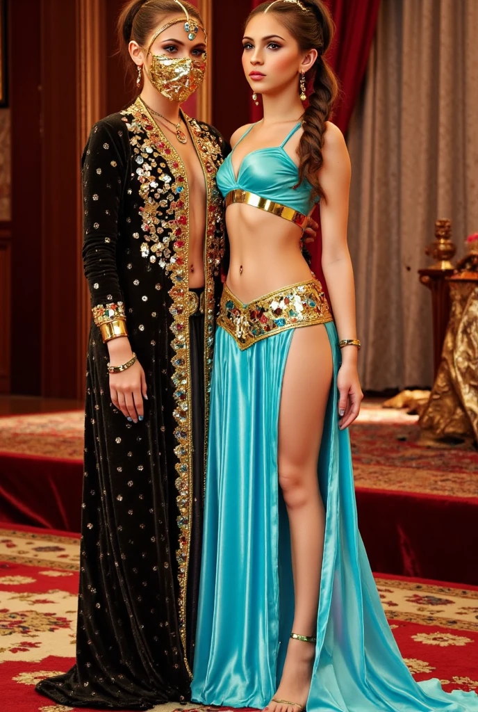 Two people dressed in costumes standing next to each other, Tom Bagshaw and Sabbath Aptera, Music video stills, She is dressed as a belly dancer, People in the elevator々Group of, 70&#39;s visuals, Great detail full face, Movie stills, Medieval peasants, Behind the scenes at Fashion Week, Andrej Korktin, Bohemian, Pre-Raphaelites  