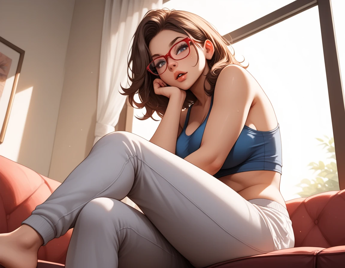 Tall hispanic woman with expressive hazel eyes and long wavy dark brown hair; warm olive skin; hourglass build; ("heart-shaped-face" with full lips); ample bosom; wearing casual clothes; best quality; trending on artstation; dark room with complex volumetric lighting; strong shadows; artistic lighting; dynamic; energetic vibe; realistic skin; specular highlights; micro-textures; highly detailed hair; wearing a VR Mask Headset and reclining on a couch