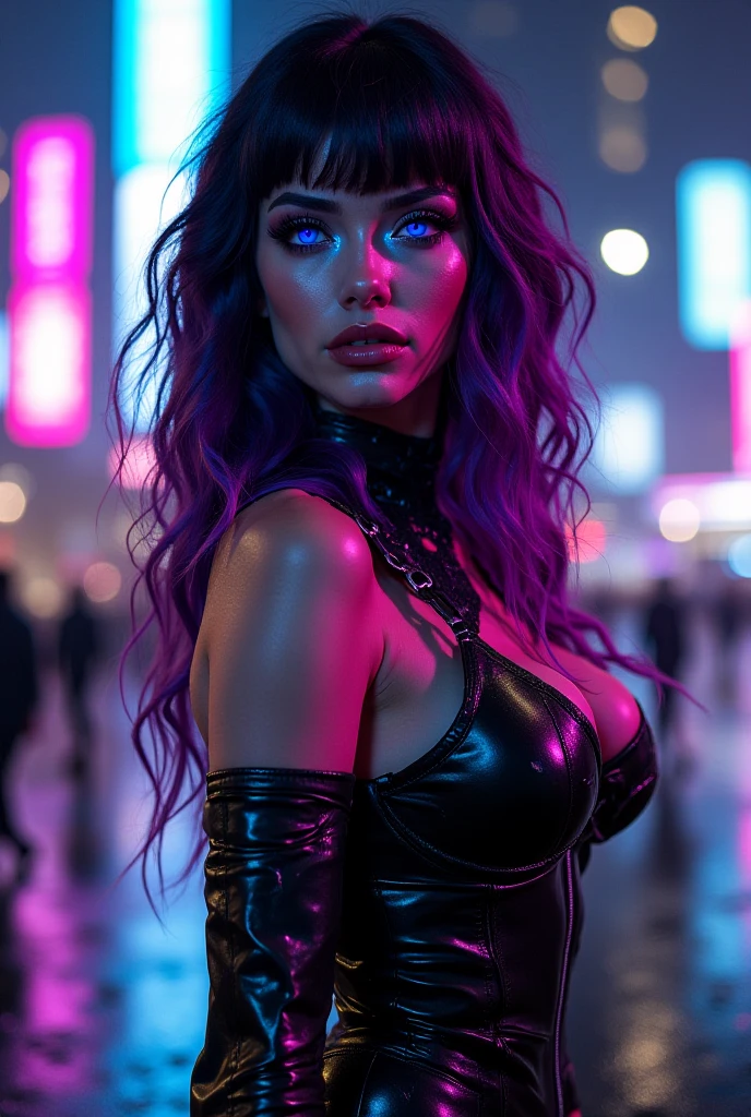 (hyper realistic, photorealistic, 8k, intricate details), establishing shot of a beautiful American woman, with long neon brown and purple hair, Transparent black lingerie, beautiful breasts, seductive cleavage, beautiful azure color eyes, Transparent lingerie, walking seductively and smiling in a naughty and horny way. Black Transparent lingerie Through a futuristic neon city