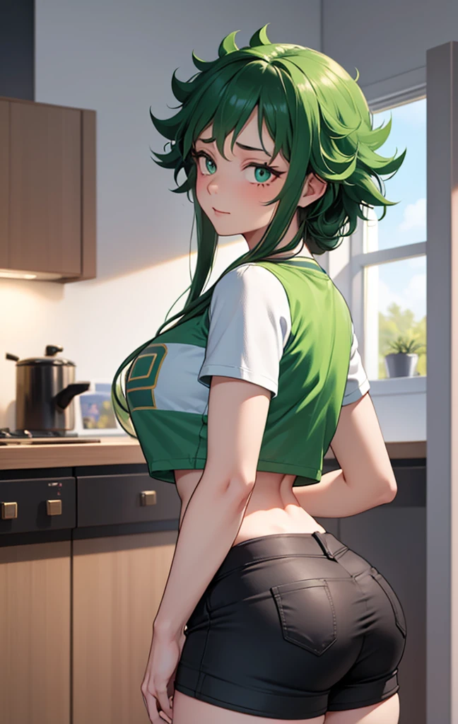 (masterpiece, Best quality:1.2), complex parts, What \(League of Legends\), 1 girl, 2 tails, green hair, crop top, cycling shorts, ass