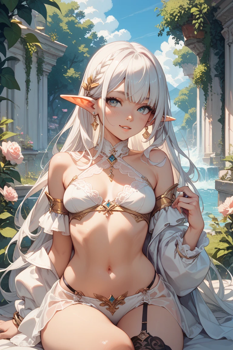 ((Elf girl)),((Elf girl)),(( short white hair with black hair streak),(((light shine red eyes))), warm light,( ),busty,Glamour,Gorgeous,monochromes,erotic posing,Dynamic Posing,Arrange Pose,Dramatic,Cinematic,Detailed background, Dynamic Angle,From the angle of the film,Gothic background, Dark fantastic view,Best Quality,masutepiece,8K,The ultimate detailed dark background, Top image quality、RAW photography、超A high resolution,cropped shoulders, overall look is very erotic、Shot for one person only, model shoot, Large round chest, Beautiful Eyes of Details、Very slender eyes、Beautiful eyelashes、Very slim physique, with blush cheeks,Pearl Beaded Bralet bralette of transparent glass, ((wet pearl glass top)), ((bra of clear glass)), wet glass wear, (nsfw),