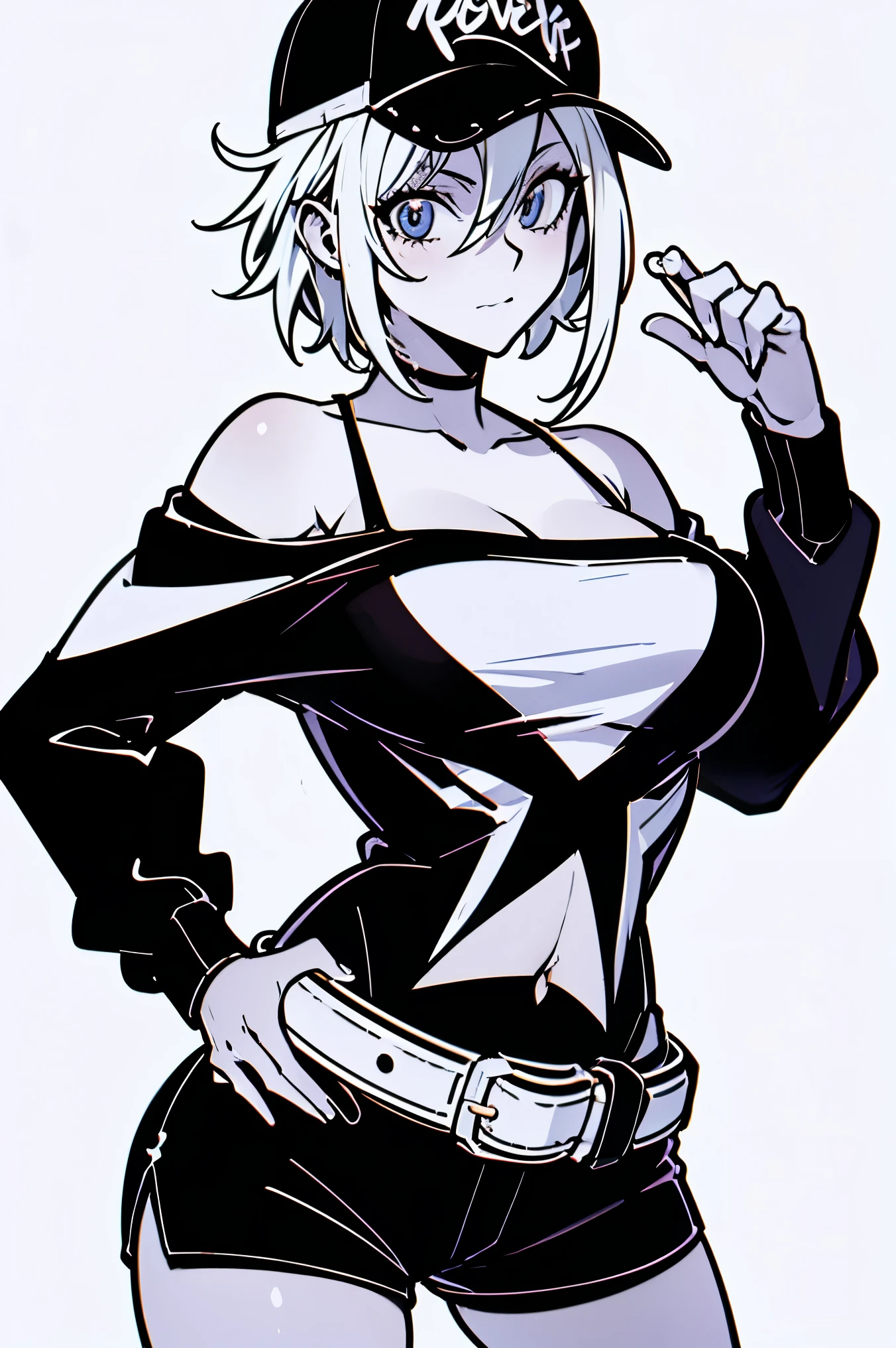 (master part, Best Quality, high resolution, Wallpaper, extremely detailed:1), (illustration:1.0), 1girl, Alicems , kalap, baseball cap, off the shoulder, clivagem, belt, sbikini, shorts , camisa,