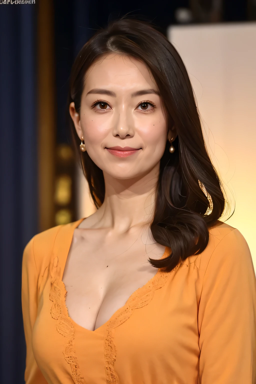 One Japanese woman, Detailed face, Red lipstick, Captivating look, From the chest up, highest quality, Very detailed, Perfect Anatomy, Wearing a black suit, Short sleeve, Long Curly Hair, Age 33, mature, Sexy smile, Well-shaped D cup breasts, Hunchback, Cleavage, office, The night view can be seen from the window, ((Looking at the camera)), ((From below))